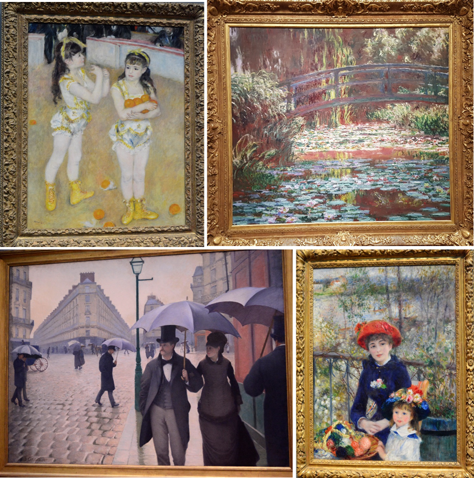 雷诺阿 Pierre-Auguste Renoir 《两个马戏团女孩》；莫奈 Claude Monet 的《睡莲池》；卡耶博特 Gustave Caillebotte《雨天巴黎街道》；雷诺阿 Pierre-Auguste Renoir 《姐妹花》