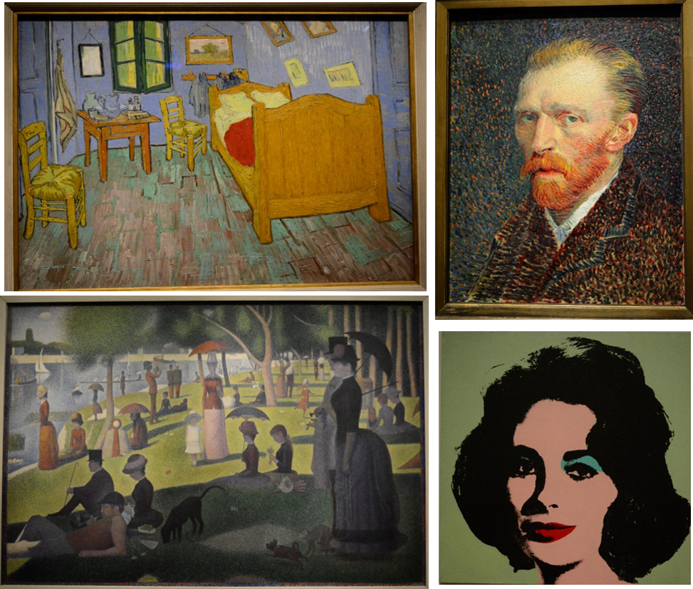 梵高 Vincent von Gogh 《寝室》；《自画像》；修拉 Georges Seurat 《大碗岛星期天的下午》；安迪·霍沃尔 Andy Warhol 的波普艺术代表作《丽兹》