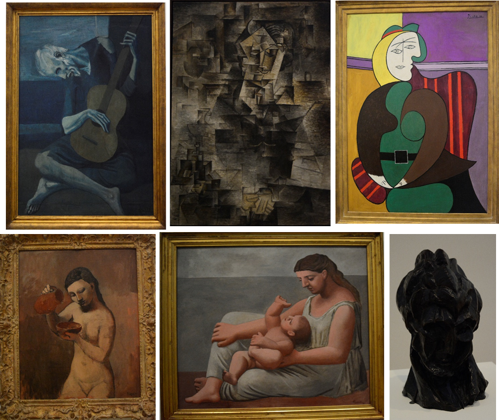 虽然风格差别很大，但都出自同一人之手，毕加索 Pablo Picasso 《老吉他手》；《丹妮康威勒肖像》；《红色扶手椅》；《持水罐的裸女》；《母亲与孩子》；雕塑《立方女人头像》）。其中《老吉他手》是毕加索蓝色时期作品，画面忧郁，描画了一位毕加索刚刚死去的密友。通过X光和红外线成像，我们可以清楚的看到隐藏在《老吉他手》下面的原始作品。毕加索最初画的是一位年轻的母亲，手臂向外伸着，她的孩子跪在身旁，旁边还有两头牛（来自芝加哥美术馆），感兴趣的话不妨仔细看看吉他手的脖颈处