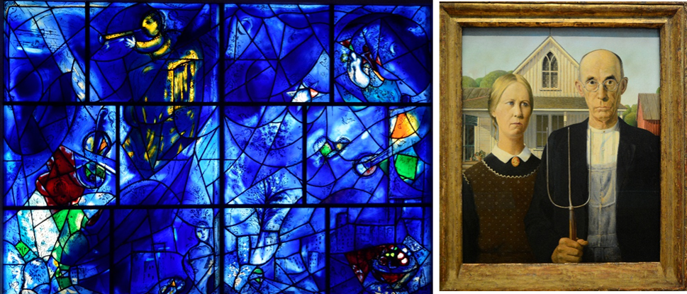 马克·夏加尔Marc Chagall《美国之窗》一角；伍德Grant Wood《美国式哥特》，镇馆之宝，被称为美国文化的五大象征之一，在博主儿时的记忆中已经和蒙娜丽莎一起被各种漫画家玩坏了。。。