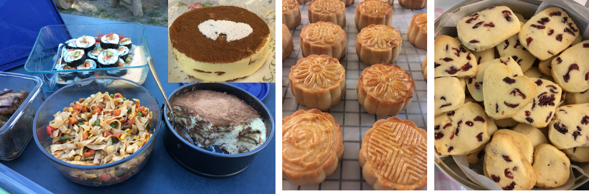 炸带鱼+寿司卷+炒面+提拉米苏；自制月饼；蔓越莓饼干