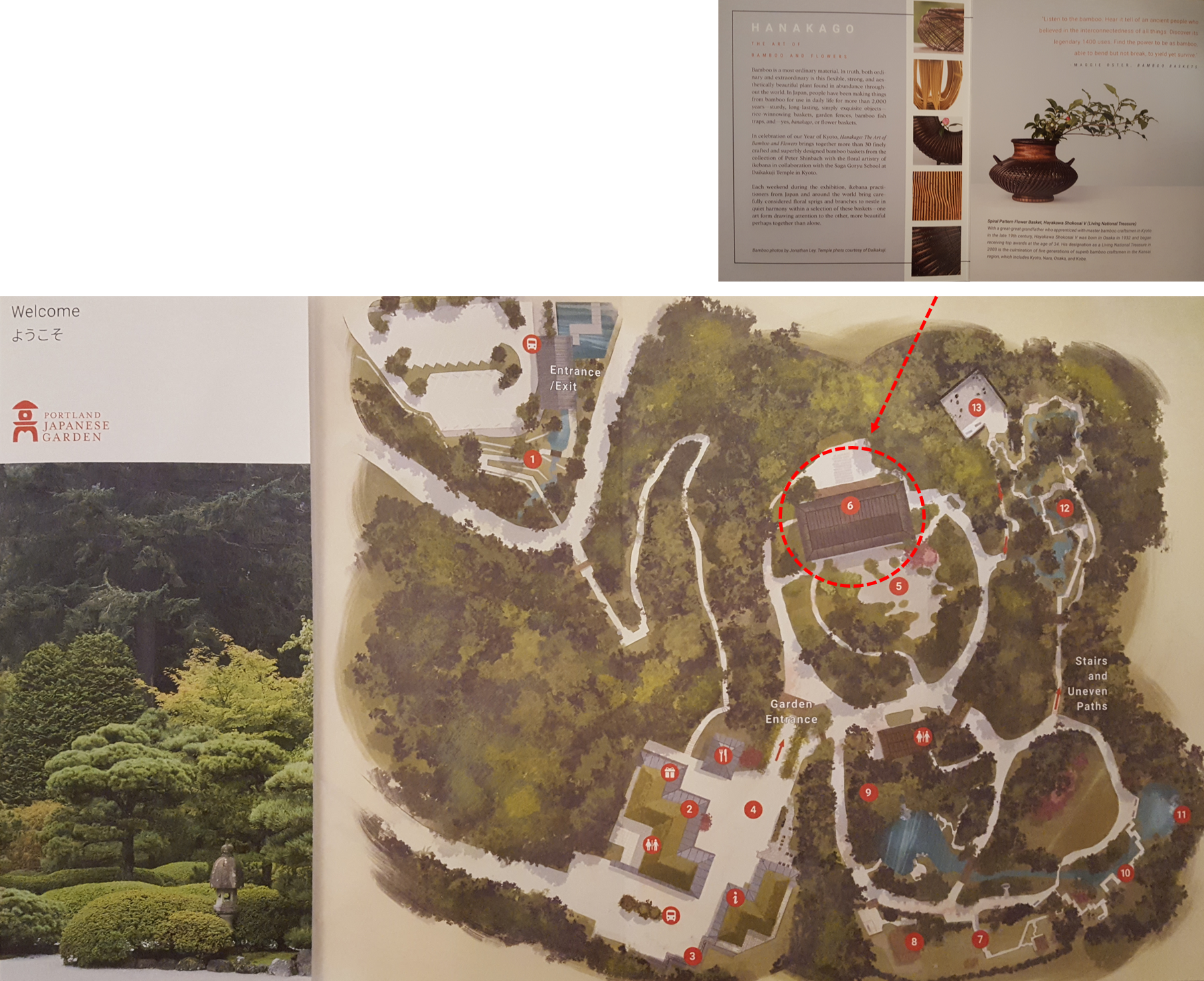 日本花园地图，右上角为展览大厅/特展区，晴天时可以从此处望到胡德山 Mt. Hood