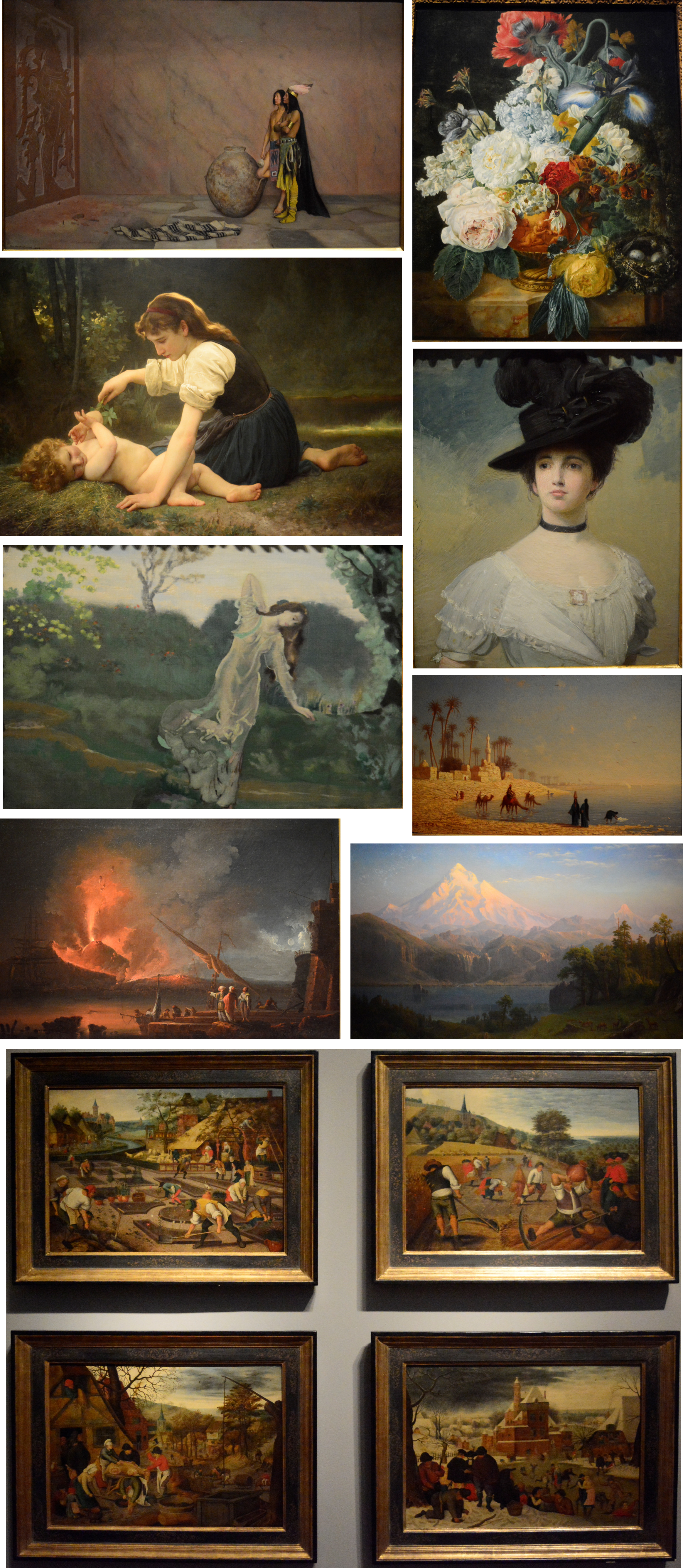 古典与现代相结合的写实油画。右下风景画是胡德山；正下方“四季”组图。女友把第一幅图命名为“你在看画，我们在看你，同样都看不懂”