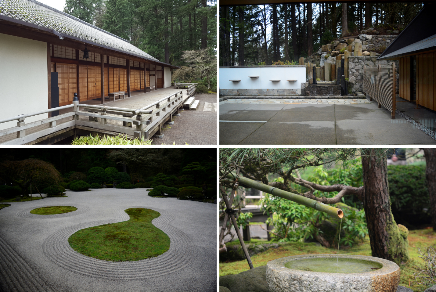 展馆后门；侧门；正门的日式枯山水 karesansui；永远浇灌的小石台
