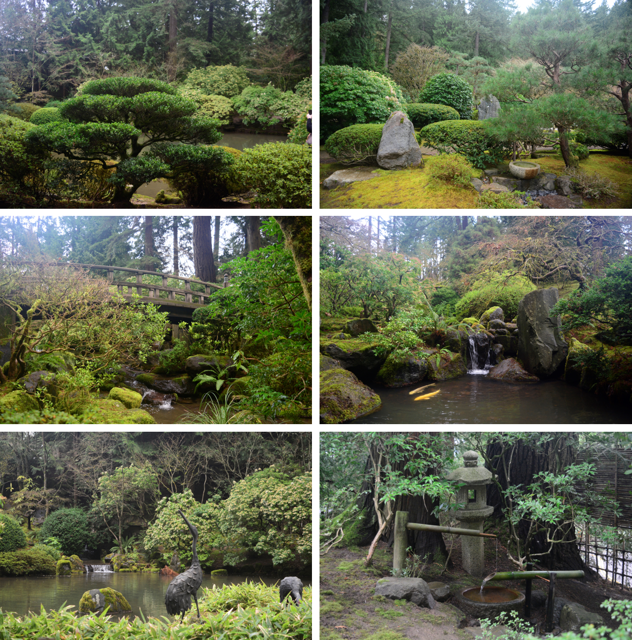 闲庭信步塘 strolling pond 的“上池塘”：图1-5，其中包含了月桥和小瀑布；著名的日式景观：添水 watering 又名僧都，禅意的象征