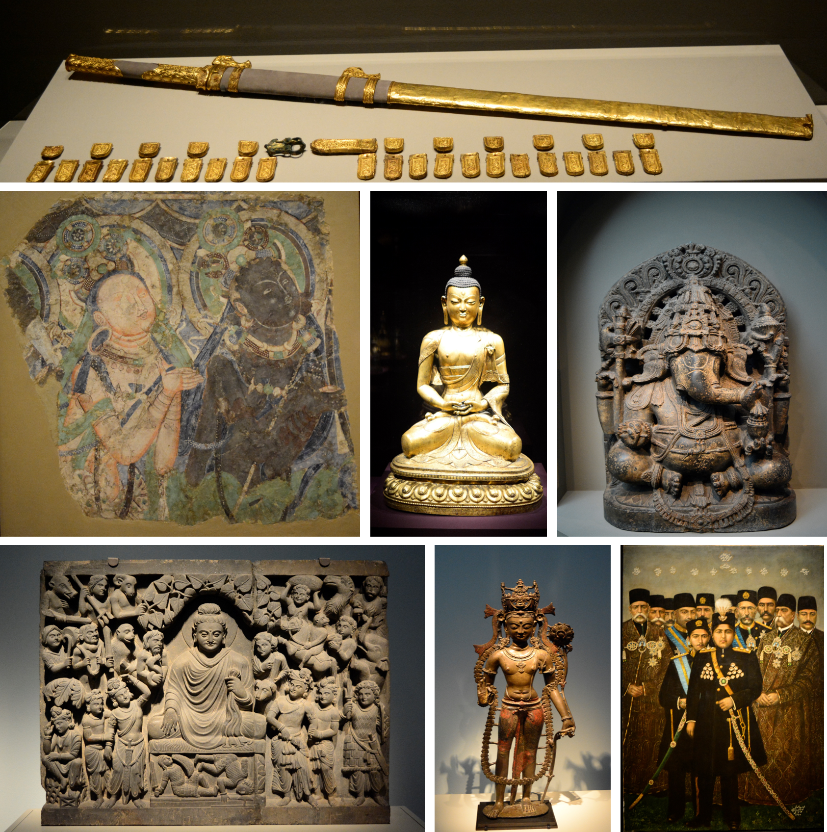 中东刀剑；佛教壁画；佛教铜塑；印度教雕塑；佛教石刻；最后一幅为 Ahmad Qajar 波斯末代统治者